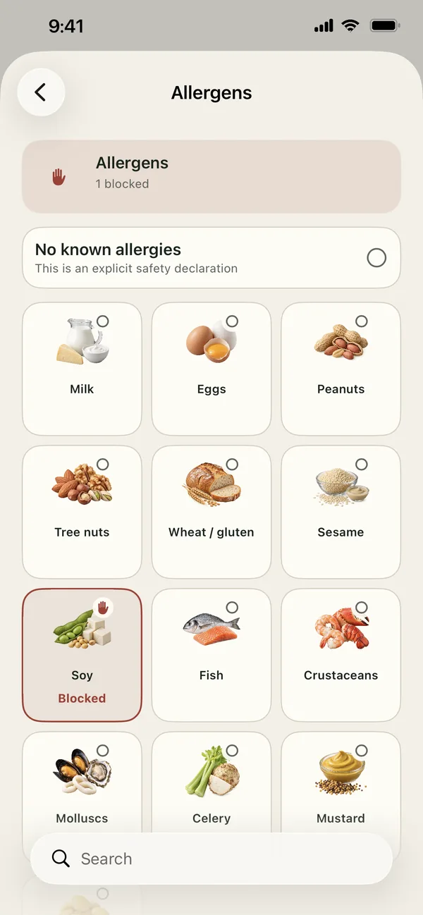 PantryWeave allergen selection for one person
