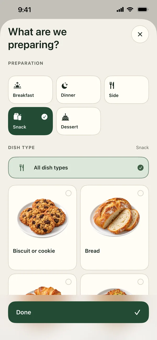 PantryWeave meal type selection with dish types