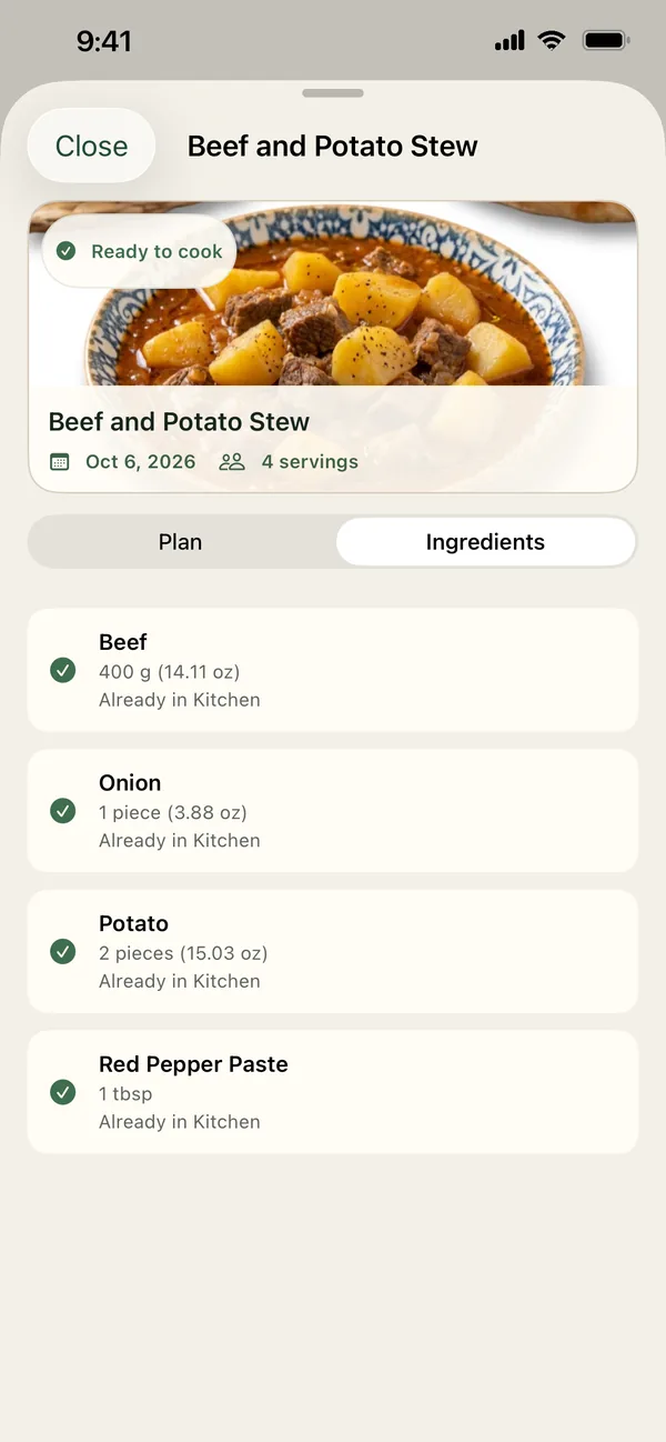 PantryWeave recipe marked Ready to cook with ingredients already in Kitchen