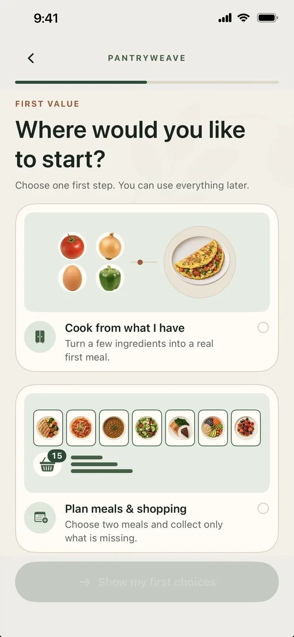 PantryWeave onboarding: Cook from what I have or Plan meals and shopping