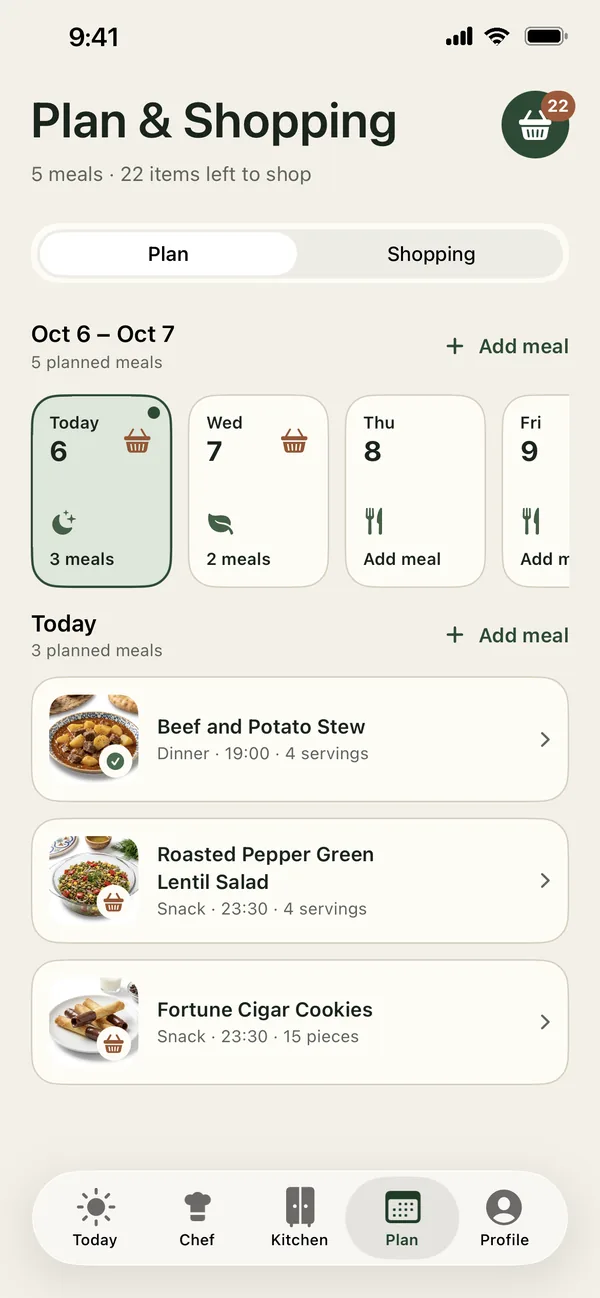 PantryWeave Plan screen with the week’s meals