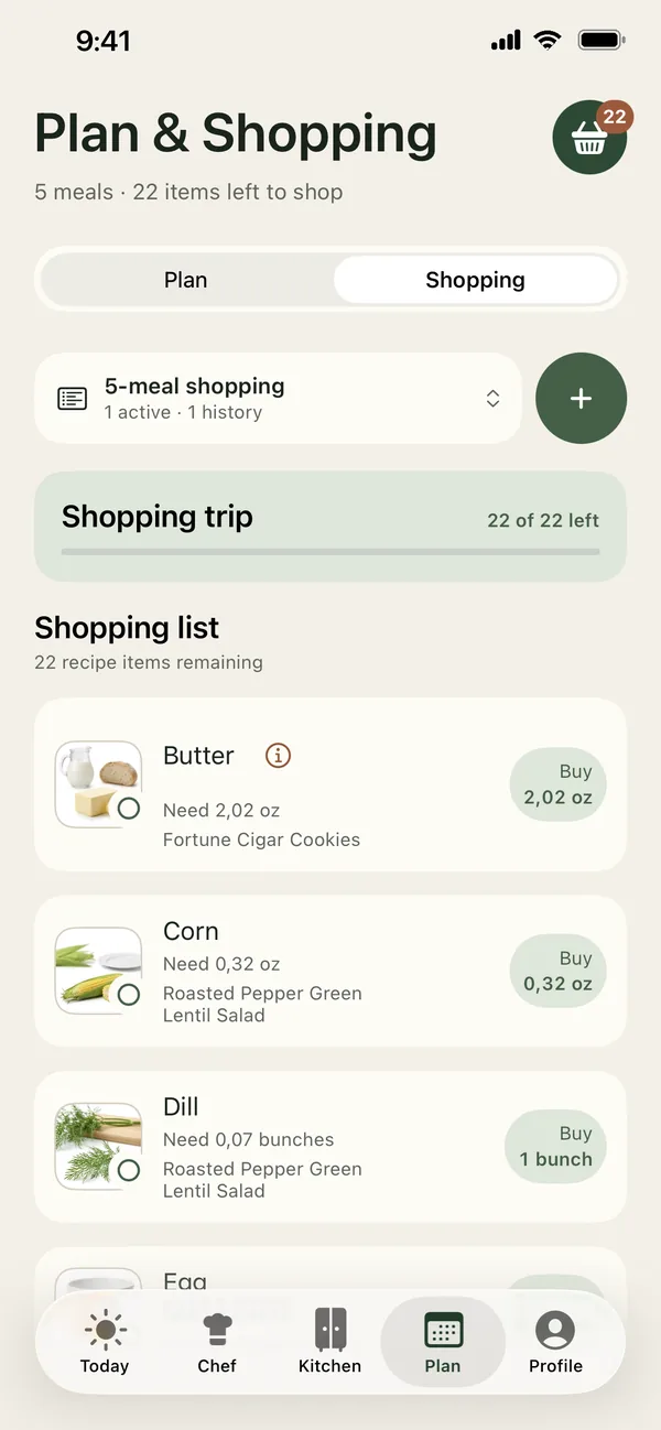 PantryWeave shopping list with only missing items