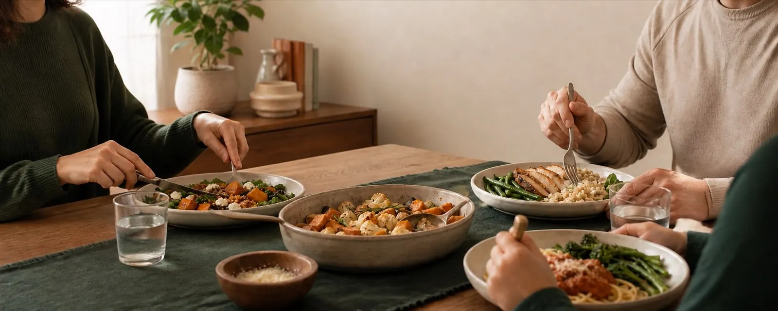 A family table with several different dishes and a shared serving bowl