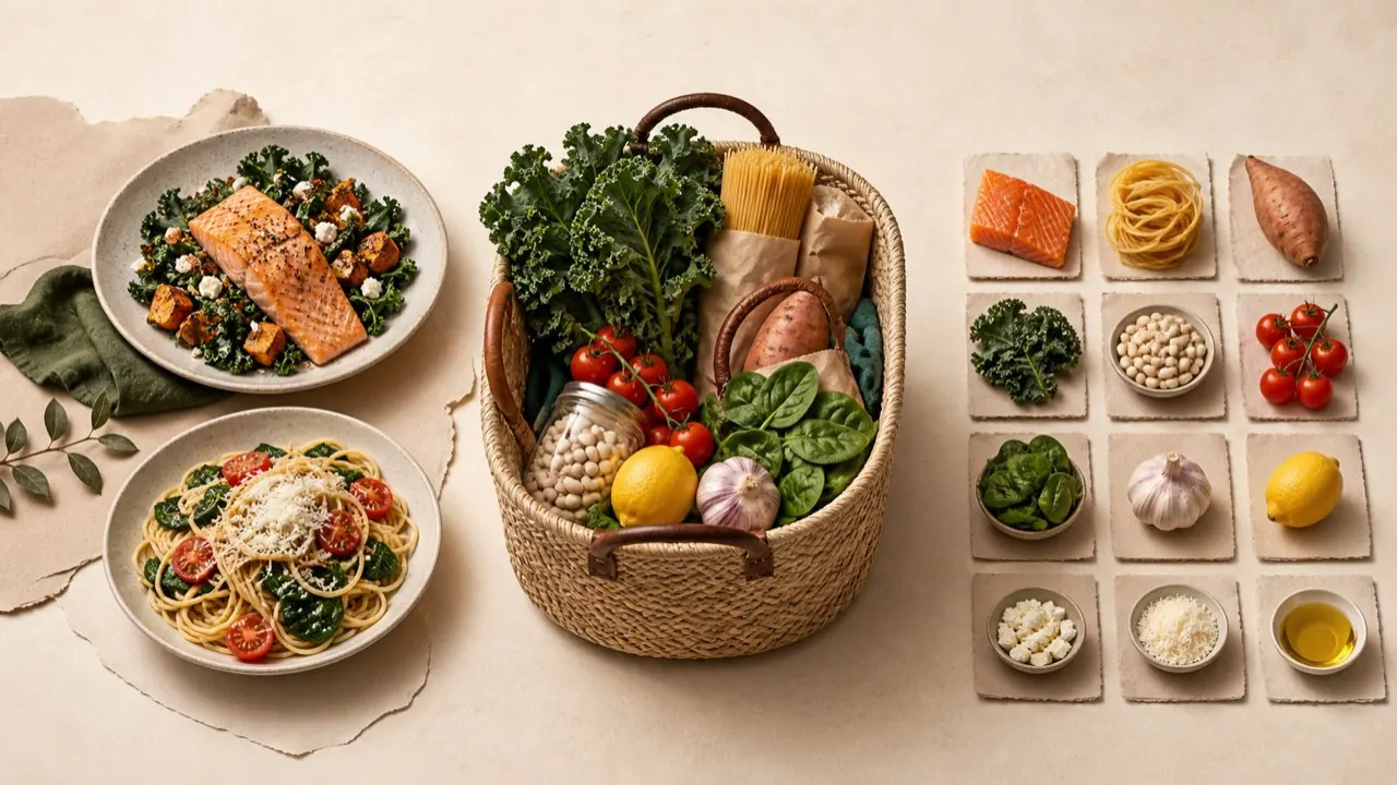 Groceries in a basket next to two plated meals and a grid of pantry ingredients